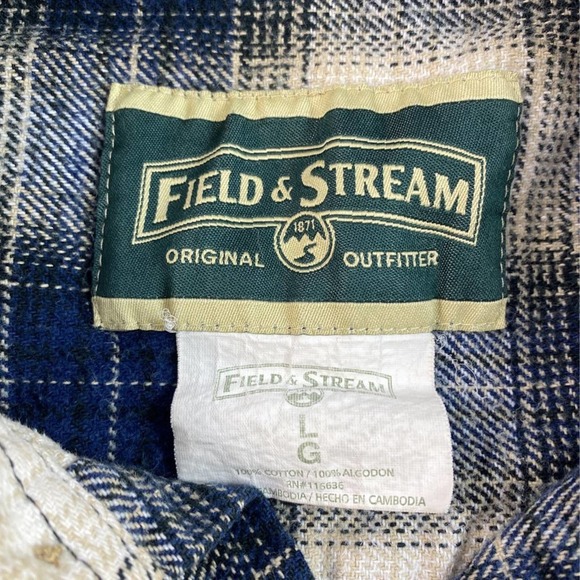 Field & Stream Mens Flannel Button Front Shirt Blue Beige Plaid Pockets Cotton L - Picture 4 of 5